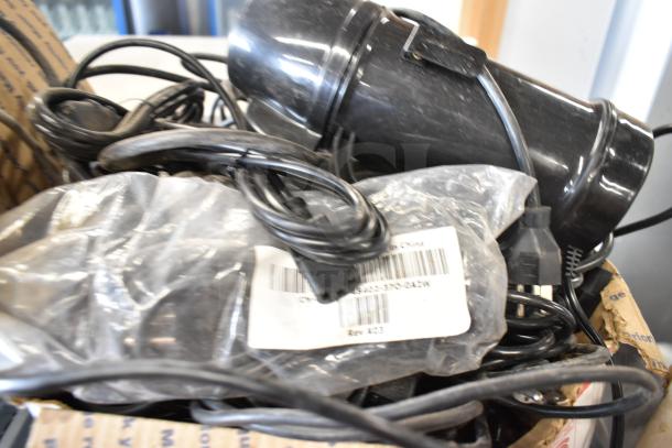Box of 42 items including black air pot and assorted wires, some in plastic bag. Includes visible barcode label.