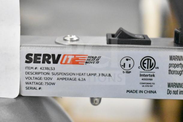 BRAND NEW ServIt 423BLS3 heat lamp, 3 bulbs. 120V, 750W, scratch and dent condition. ETL listed, Intertek certified.