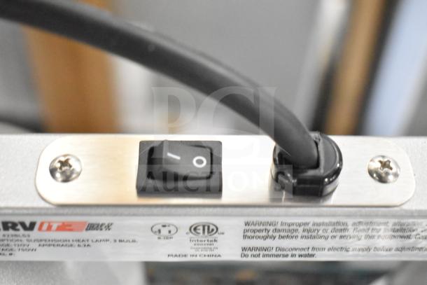 Brand new ServIt 423BLS3 suspension bar heat lamp, 3 bulbs, 120V, 1 Phase, with power switch and label warnings.