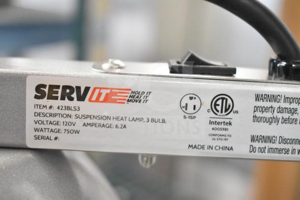 Brand new ServIt 423BLS3 3-bulb suspension heat lamp, 120V, 750W. ETL listed, made in China. Model and safety label shown.