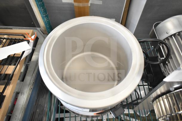 Brand new Nemco 6100A 7 Qt. Countertop Warmer, scratch and dent condition. 120 Volts, 1 Phase, silver finish.