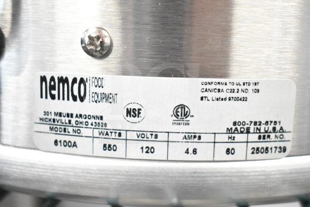 BRAND NEW 2025 Nemco 6100A 7 Qt. Countertop Warmer, 120V, 1 Phase, with visible label indicating model specs and safety certifications.