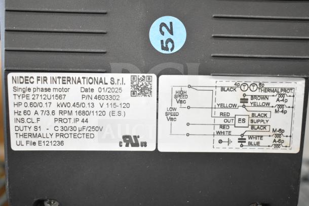 BRAND NEW SCRATCH AND DENT 2025 Nidec Motor, 115-120V, 1 Phase, thermally protected, Type 2712U1567, P/N 4603302.