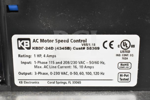 BRAND NEW SCRATCH AND DENT! Genesis KBDF-24D AC Drive, 115/208-230V, 1 Phase, 1 HP, 4 Amps. RoHS compliant.