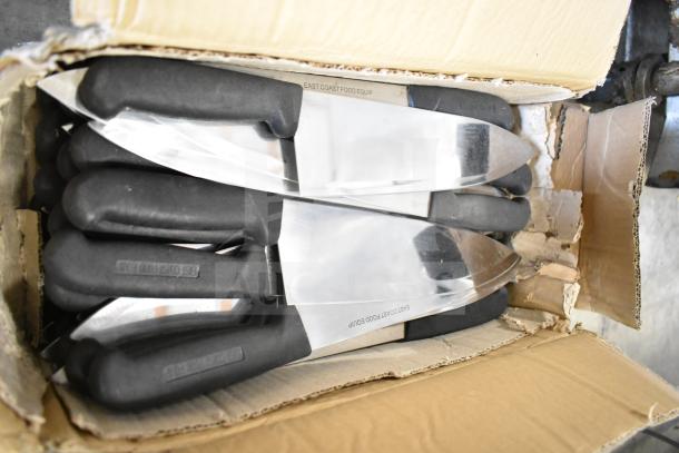 Box of sharpened stainless steel chef knives with black handles. Includes 70 knives. Marked "East Coast Food Equip."