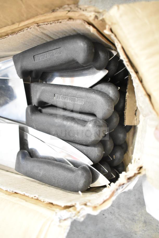 Box of 70 sharpened stainless steel chef knives with black handles. Handles marked "East Coast Food Equip."