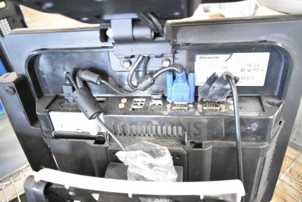 POS system showing rear panel connections and ports, includes two cash drawers, a receipt printer, and a Toast monitor.