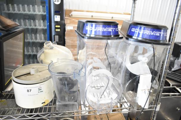 Various items include slushie machine hoppers, slicing blade, blender pitcher, and labeled equipment on metal shelves.