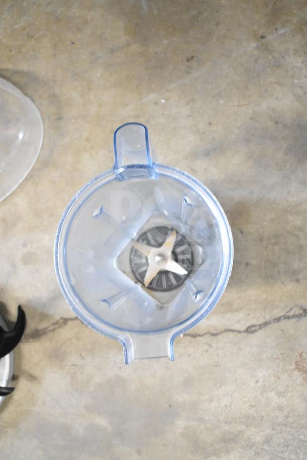 Blender pitcher with stainless steel blade, clear plastic, used condition. Part of 10-item auction lot including slushie hoppers.
