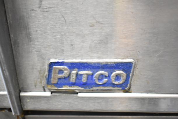 Pitco Frialator commercial natural gas 4-bay fryer, 122,000 BTU, on casters, shown with logo plate.