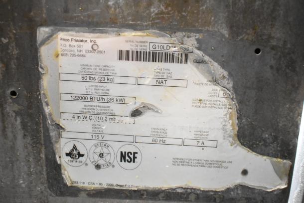 Pitco Frialator commercial natural gas 4-bay fryer, 122,000 BTU, on casters, showing label with specifications and certifications.