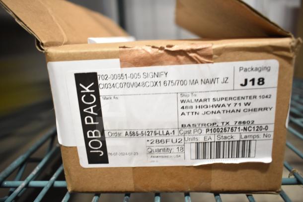 Box of brand new Advance LED Electronic Drivers. Labels show order details and destination. Quantity 18. Assembled in USA.