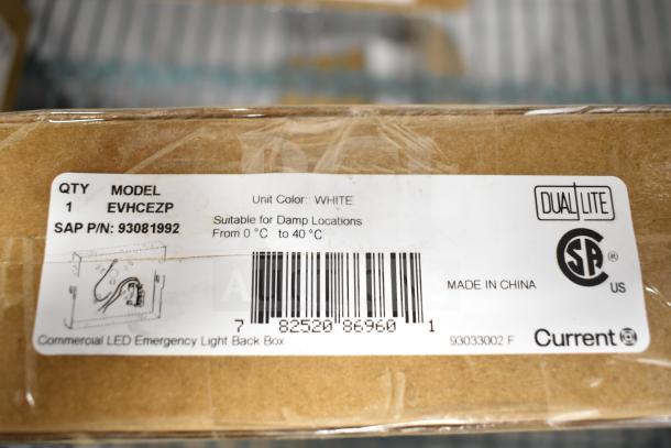 25 brand new boxes of DualLite EVHCEZP Emergency Lights, suitable for damp locations, 0-40°C, in white.