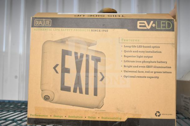 Dual-Lite EV LED exit sign box; features LED optics, lithium battery, universal face, optional remote capacity; new condition.