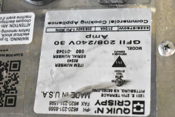 QR code and label showing specifications for QNC GFII fryer, 208/240V, 1 phase, serial number 980-01046, USA made.
