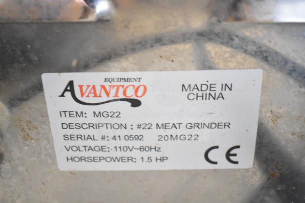 Label on Avantco MG22 commercial meat grinder showing serial #41 0592, 110V, 1.5 HP, made in China.