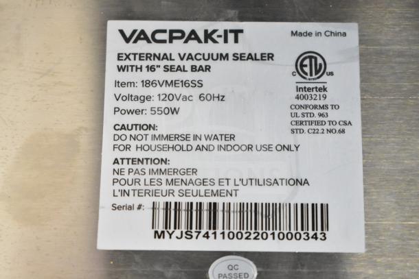 VacPak-It 186VME16SS Vacuum Sealer label showing 16" seal bar, 120V, 550W, caution warnings, and certification details.