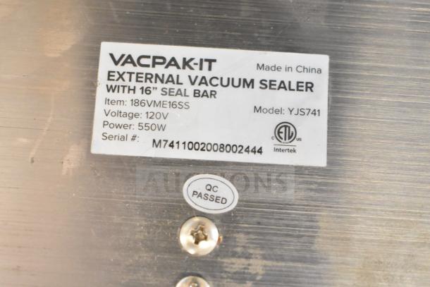 VacPak-It 186VME16SS External Vacuum Packaging Machine label, 16" seal bar, 120V, 550W. Model YJS741, QC passed.