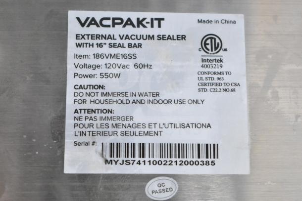VacPak-It 186VME16SS external vacuum packaging machine label showing model, voltage, power, and safety instructions.