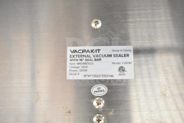 Alt Text: VacPak-It 186VME16SS External Vacuum Sealer label showing model YJS741, 120V, 550W, with QC Passed sticker.