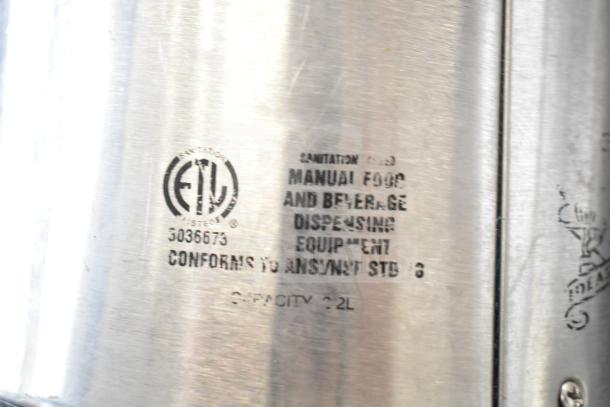 Three stainless steel air pots, 2L capacity each, marked for manual food and beverage dispensing, compliant with ANSI/NSF Std 8.