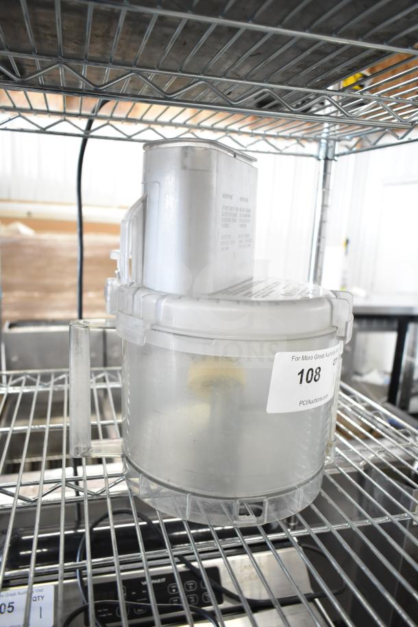 Cuisinart countertop food processor with S blade and bowl, 120 volts, 1 phase. Visible auction label indicates item 108.