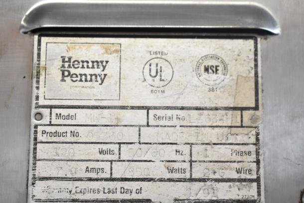 Henny Penny MW 1 Commercial Food Warmer label, 120V, 1 Phase, UL and NSF listed, serial LZ63111, model MW-1.