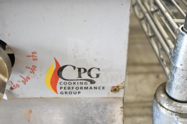 Cooking Performance Group 351GTCPG24 griddle with thermostatic controls, visible wear; logo and temperature markings shown.
