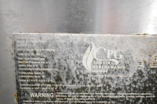 Cooking Performance Group 351GTCPG24 griddle label, listing 60,000 BTU, natural gas use, and model details for auction.