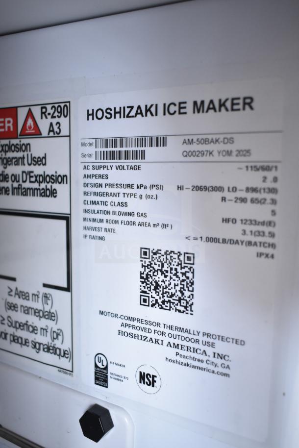 2025 Hoshizaki AM-50BAK-DS ice maker label with voltage, model, serial, and compliance info. New condition.