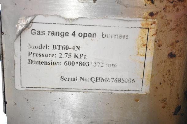 Label of Commercial Countertop Gas Powered 4 Burner Range, Model BT60-4N, pressure 2.75 KPa, dimensions 600x803x372 mm.