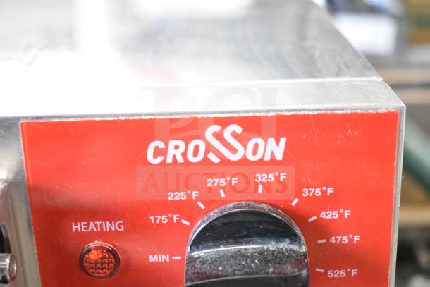 2023 Crosson CPO-320 countertop electric pizza oven, two decks, stainless steel, temperature dial shown, red branding panel.