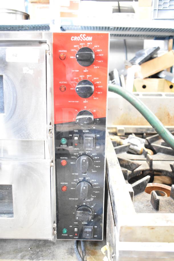 2023 Crosson CPO-320 countertop electric 2 deck pizza oven, features dual heat controls, timer, and power switches.