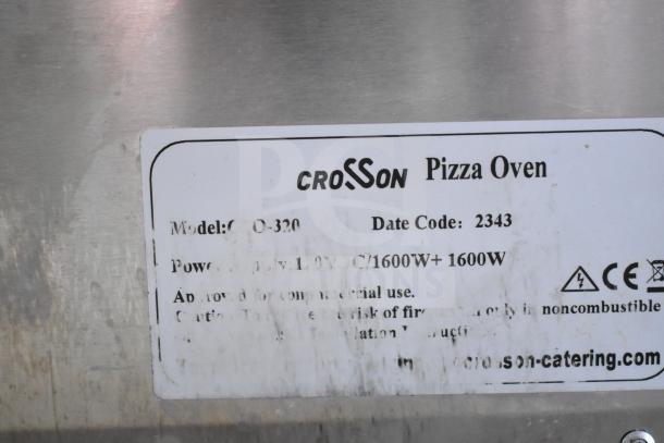 2023 Crosson CPO-320 countertop electric pizza oven, stainless steel, two decks, power supply 1600W+1600W, model label visible.