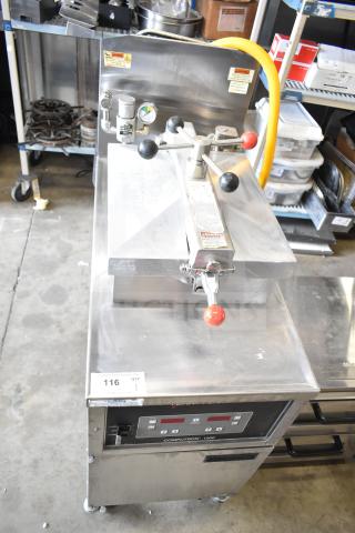 2022 Henny Penny 600 commercial pressure fryer, natural gas, 80,000 BTU, floor style, on casters, with control panel.