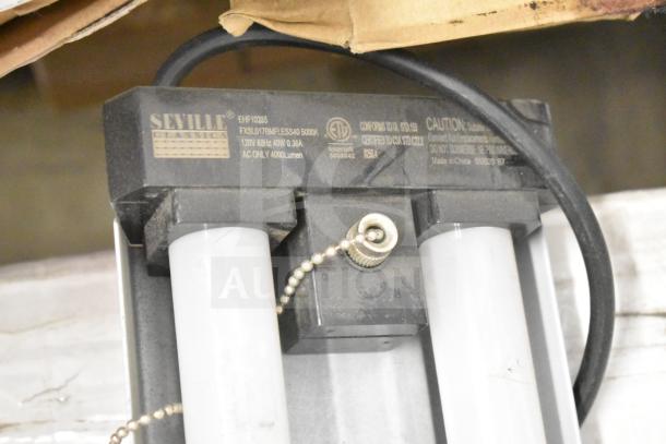 Seville Classics EHF10235 light fixture with dual tube lights, 120V 60Hz, 40W. Label indicates 4000 lumen output.