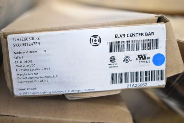 Box with label showing ELV3 Center Bar, SKU: 93124729, 24VDC, IP64, made for Current Lighting Solutions, quantity 1.
