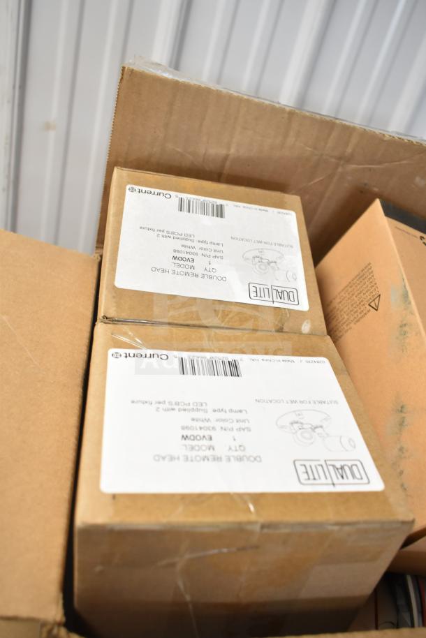 Cardboard boxes containing various brand new DualLite items, including EVODW Double Remote Head, labeled for auction.