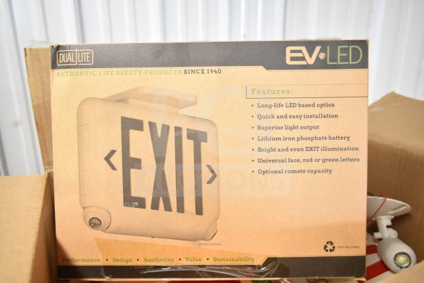 Box of DualLite EVODW Double Remote Head with LED Exit Sign. Features include LED optics, easy installation, and remote capacity, new condition.
