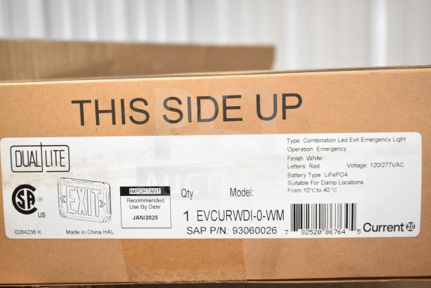 Box with DualLite label for exit sign, model EVCURWDI-0-WM. Made in China. Emergency light, white finish, red letters.