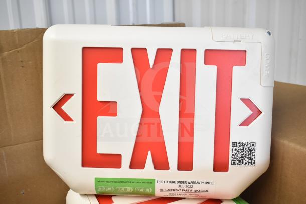 DualLite Exit Sign, red letters on white, brand new. Warranty label valid until July 2022.
