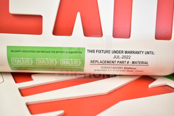 Brand new DualLite Exit Sign with warranty until July 2022. Replacement parts and installation guidance included.