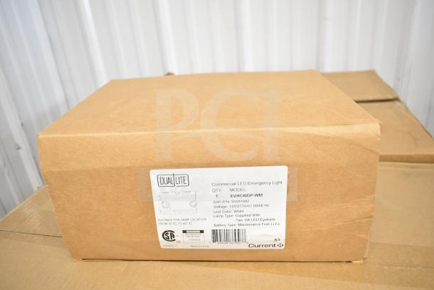 Cardboard box labeled "DualLite Commercial LED Emergency Light," model EVHC6IDP-WM, new condition.