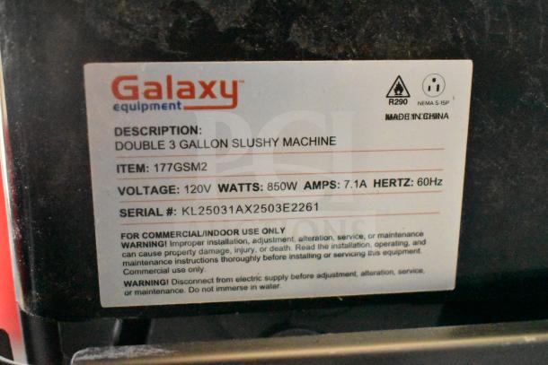 Brand new Galaxy 177GSM2 Double 3 Gallon Pourover Granita Machine, scratch and dent, 850W, 120V, 1-phase, for frozen beverages.