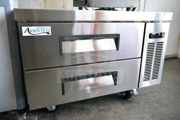 Brand new 2025 Avantco 178CBE36HC 2-drawer refrigerated chef base on casters, 115V, 1 Phase, stainless steel, slight dent.