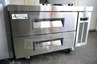 BRAND NEW SCRATCH AND DENT! 2025 Avantco 178CBE36HC Commercial 2 Drawer Refrigerated Chef Base on Commercial Casters. 115 Volts, 1 Phase. Tested and Powers On But Does Not Get Cold