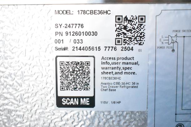 "Avantco 178CBE36HC label with QR codes for product info and serial number 214405615. 115V, 1/6 HP."