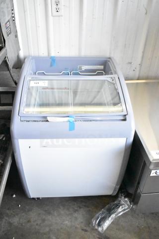 Brand new 2025 Avantco 360DFC6HCL curved top display ice cream freezer with minor scratches, customizable, 115V, 1 phase.