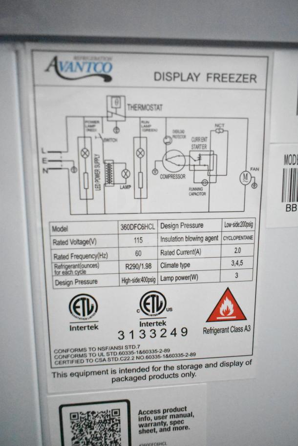 Avantco 360DFC6HCL display ice cream freezer label, 115V, 1 phase, showing electrical specifications and certifications.
