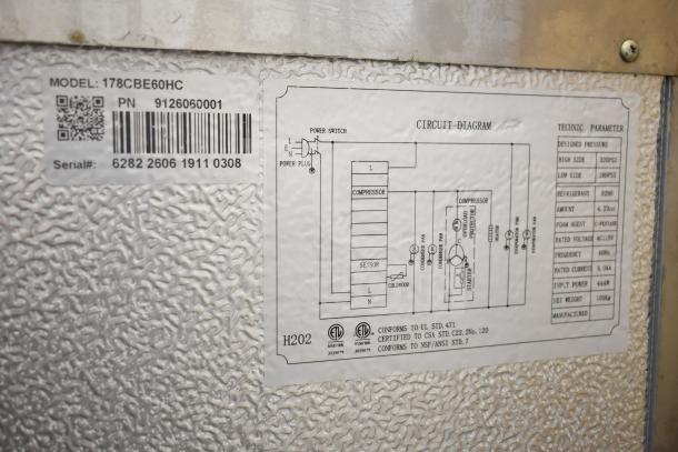 Avantco 178CBE60HC commercial chef base label with model, serial number, circuit diagram, and technical parameters.